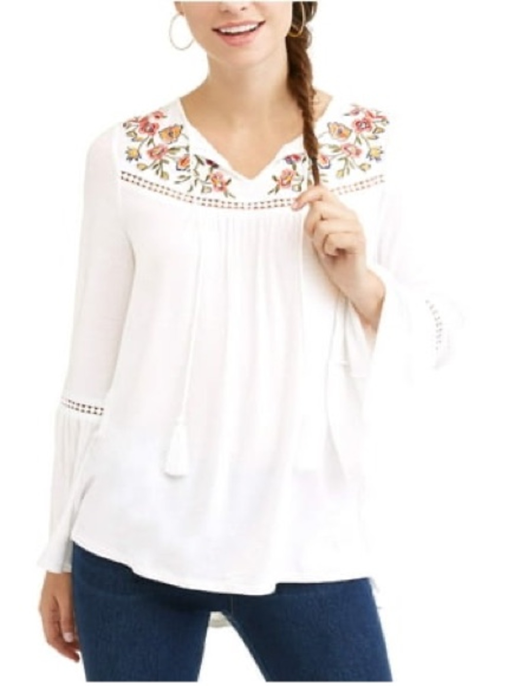White Embroidered Peasant Blouse - Floral Yoke